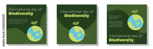 International day of biodiversity social media post, banner set, sustainable living advertisement concept, zero emission marketing square ad template, ecological abstract print, isolated on background
