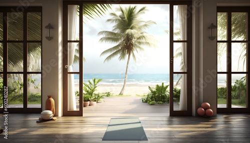Open tropical yoga studio place with view outside to the beautiful garden with palm trees and ocean © Oleksandr