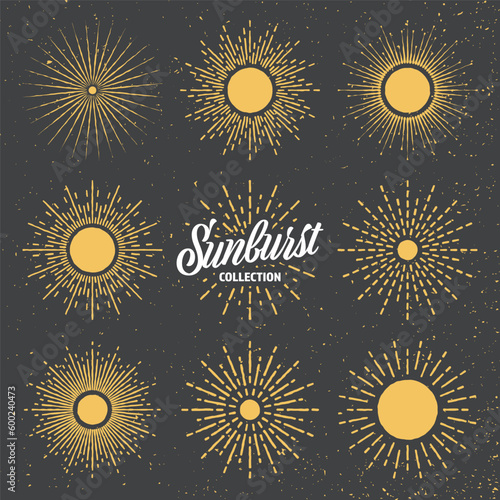 Vintage grunge sunburst, sunset beams. Hand drawn bursting sun, light rays. Logotype or lettering design element in retro style. Vector illustration