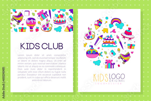 Kids club card template. Education club, playroom, playing zone promotional flyer, banner design vector illustration