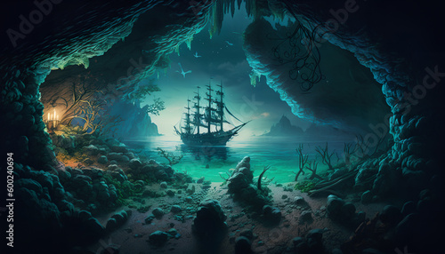 an underground ocean  a pirate ship in the foreground