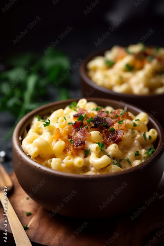 A bowl of creamy macaroni and cheese with bacon bits and parsley on top AI-generated art, Generative AI, illustration,
A bowl of creamy macaroni and cheese with bacon bits and parsley on top AI-generated art, Generative AI, illustration,
