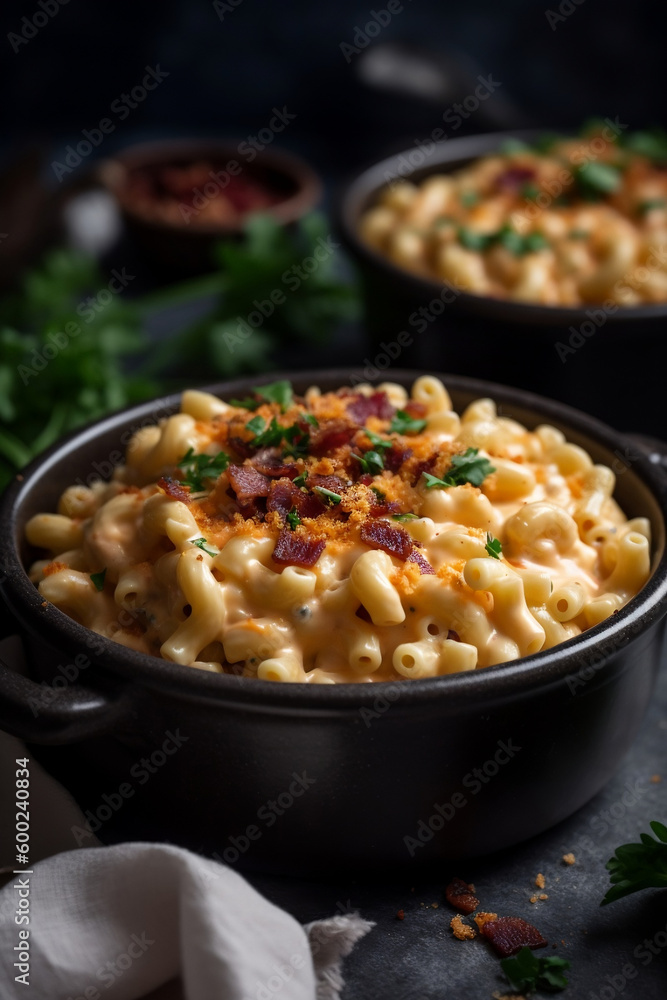 A bowl of creamy macaroni and cheese with bacon bits and parsley on top AI-generated art, Generative AI, illustration,
A bowl of creamy macaroni and cheese with bacon bits and parsley on top AI-generated art, Generative AI, illustration,