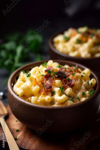 A bowl of creamy macaroni and cheese with bacon bits and parsley on top AI-generated art, Generative AI, illustration,
