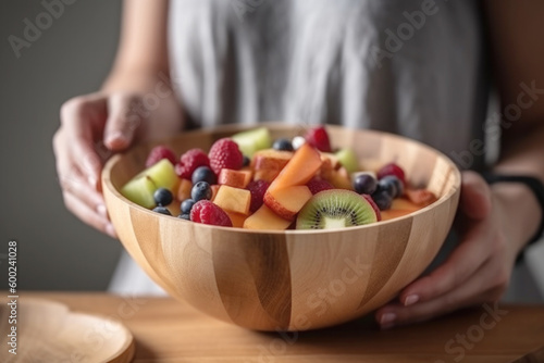 Young woman holding wooden bowl with fresh fruit salad, close up. AI generative art
