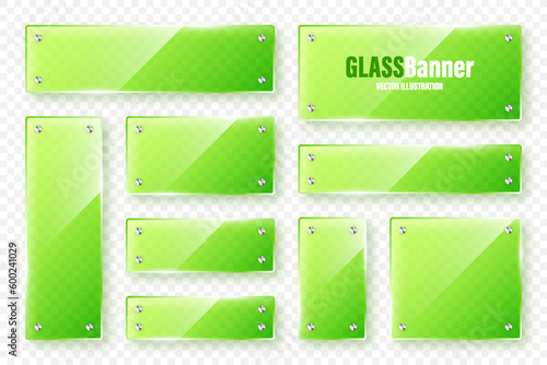 Realistic glass frames collection. Green transparent glass banners with flares and highlights. Glossy acrylic plate, element with light reflection and place for text. Vector illustration
