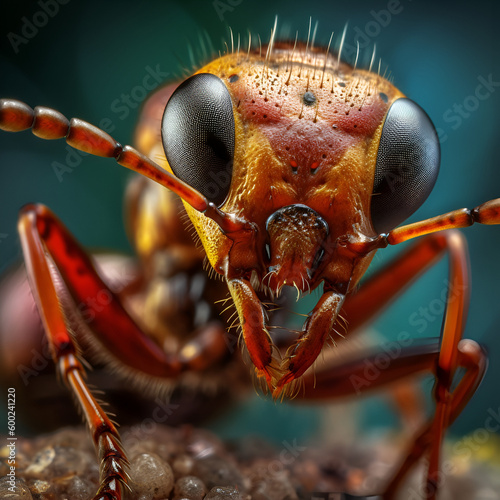 Macro portrait of an ant. Remarkable details of the ant photo. Close up.
