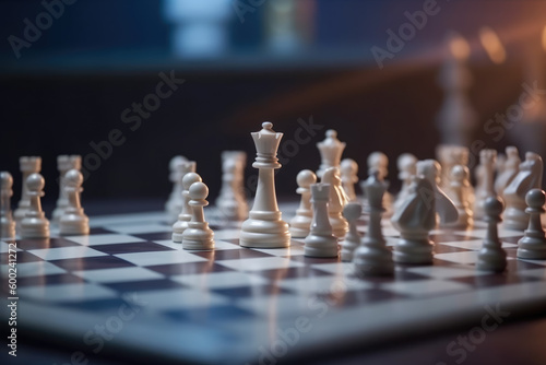Chess game battle. Queen's Gambit. White chess piece aggressive attack. Successful strategy, checkmate concept