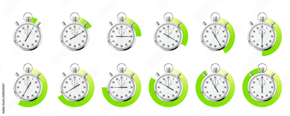 Realistic classic stopwatch. Shiny metal chronometer, time counter with dial. Green countdown timer showing minutes and seconds. Time measurement for sport, start and finish. Vector illustration