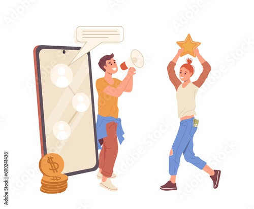 Man announcing about benefits of referral program and happy woman customer join to invitations