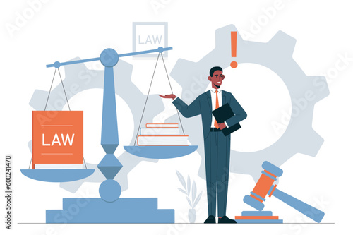 Man with law concept. Young guy with book and judges gavel stands against background of scales. Jurisprudence and law. Legal service, notary. Cartoon flat vector illustration