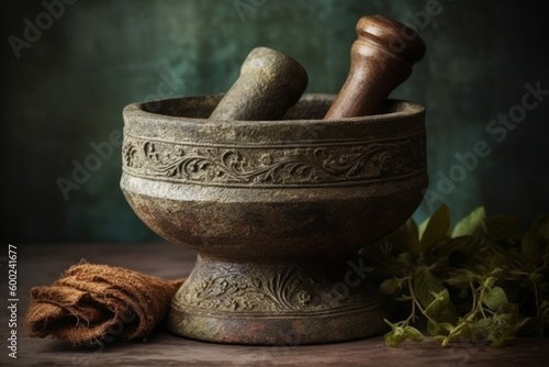 An ornate stone mortar and pestle, grinding fresh herbs and roots into a healing salve or powder. Render the timeless, meticulous process of traditional Ayurvedic compounding. Generative AI