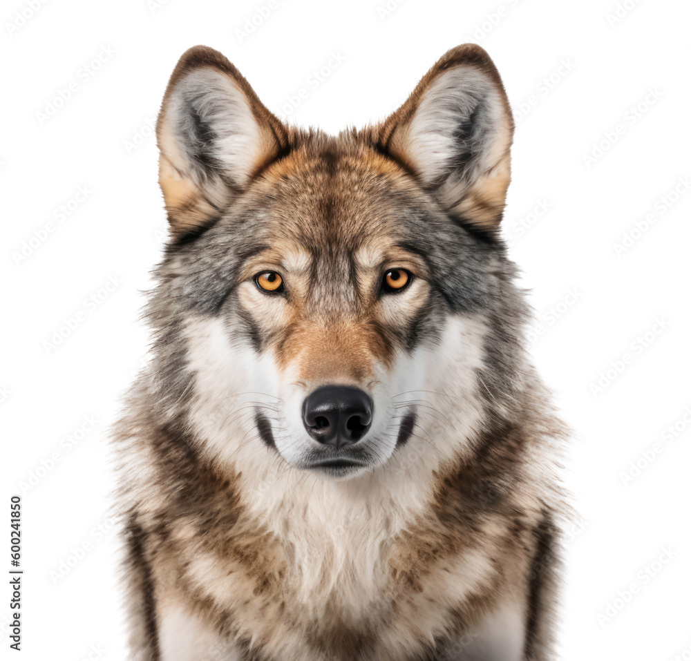 portrait / face of a wolf looking straight into the camera against a transparent background, isolated wildlife / nature design element, generative AI