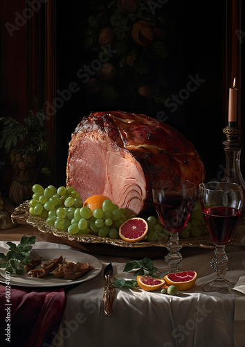 Holiday table setting of whole cut ham with fruit and wine created with Generative AI technology