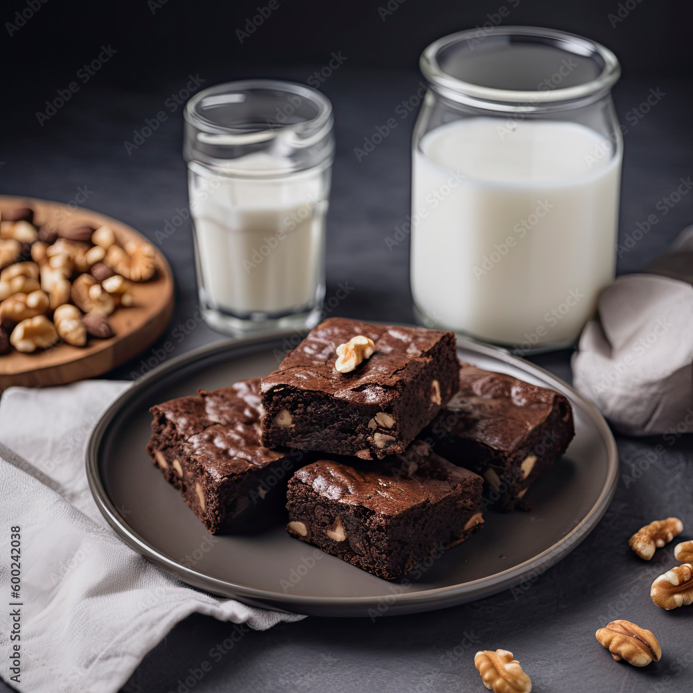 Homemade chocolate brownies with pecans with glass of milk created with Generative AI technology Homemade chocolate brownies with pecans with glass of milk created with Generative AI technology