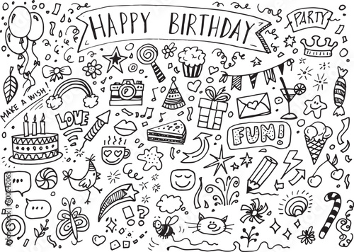 Happy birthday vector doodles  hand drawn sketch on white paper