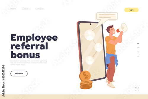 Landing page for online service offering employee referral bonus for new subscribers and followers