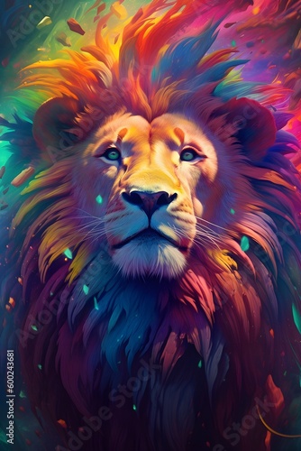 Images of colorful lions with abstract effects. AI art.