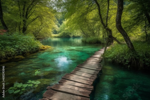 Majestic view of lakes walking on wooden walkway across Plitvice national park Lakes Croatia. Generative AI