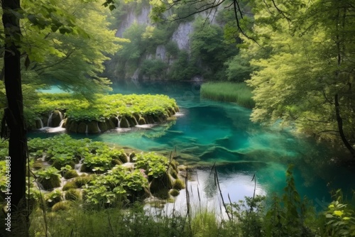 Majestic view of lakes walking on wooden walkway across Plitvice national park Lakes Croatia. Generative AI