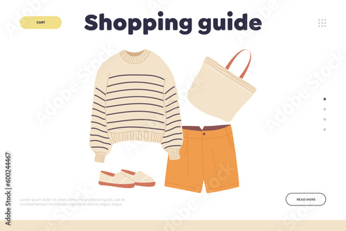 Landing page design template with shopping guide and outfit in casual style assortment and accessory