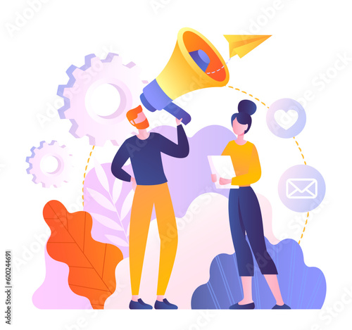 Concept of PR. Man with loudspeaker next to woman. Building brand and promoting person and product, popularity. Marketing and advertising. Cartoon flat vector illustration