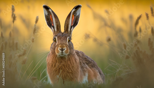 European hare stands in the grass and looking at the camera. Lepus europaeus