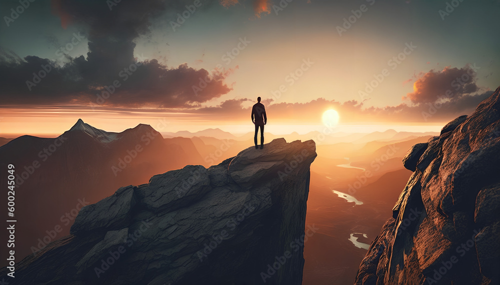 Man standing on top of cliff at sunset
