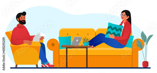 Concept of psychotherapy. Woman sits on couch and talks about her problems to man. Psychologist with client. Psychological help and support and mental health. Cartoon flat vector illustration
