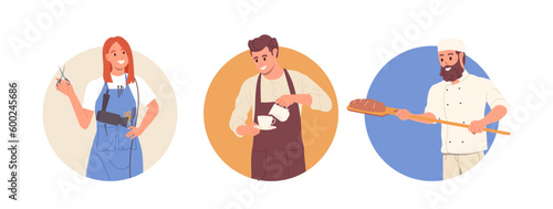 Round frame cartoon icon set with male and female owners of different small business composition