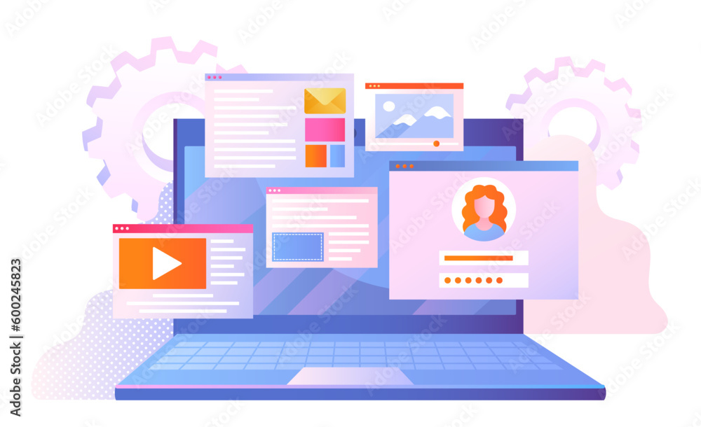 Concept of SEO. Searching engine optimization, promotion of pages and sites on Internet. Evaluation of traffic and user behavior. UI and UX design for website. Cartoon flat vector illustration
