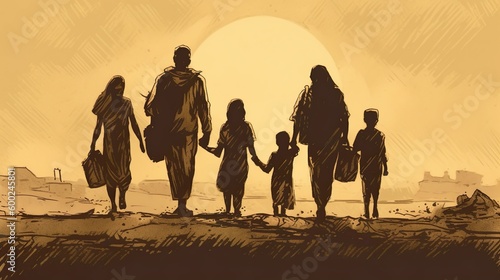 refugee family walking in the dessert sunset, silhouette, watercolor illustration. Generative AI