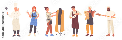 People of various profession set with chef, hairdresser, dressmaker, barista, pet groomer and baker