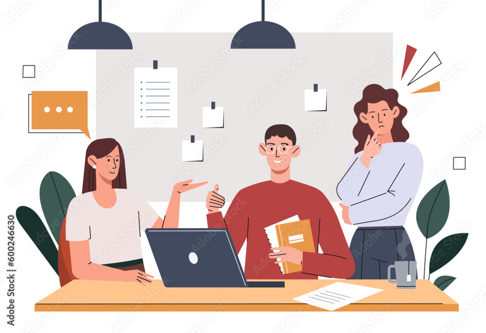 Business communication concept. Man and women sitting at laptop and discussing project. Partnership and collaboration, teamwork. Organization of effective workflow. Cartoon flat vector illustration Business communication concept. Man and women sitting at laptop and discussing project. Partnership and collaboration, teamwork. Organization of effective workflow. Cartoon flat vector illustration