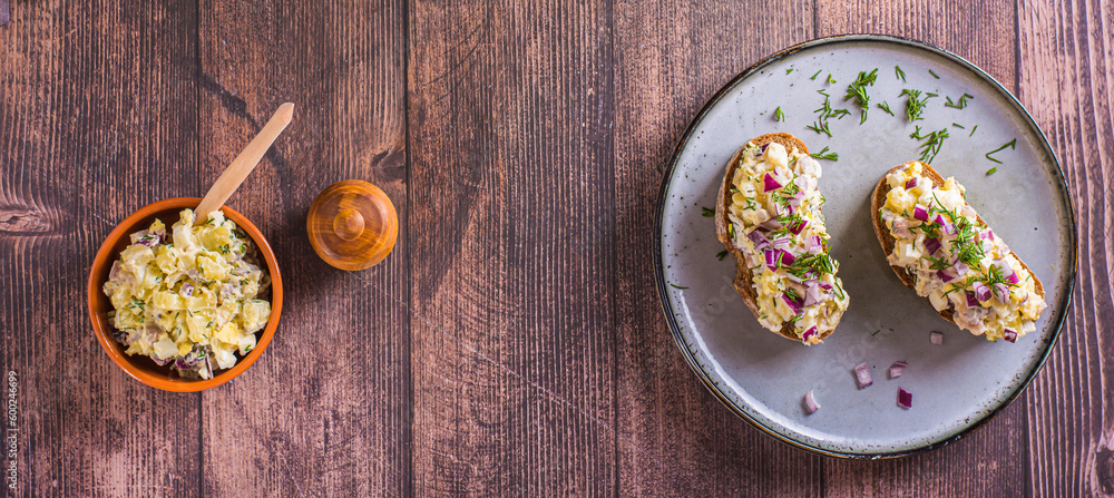 Bruschettas on rye bread with swedish salad on a plate on the table top view web banner Bruschettas on rye bread with swedish salad on a plate on the table top view web banner