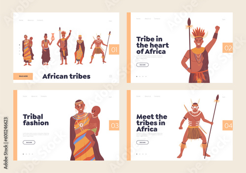 Landing page set with African people tribes, native fashion and cultural peculiarities concept