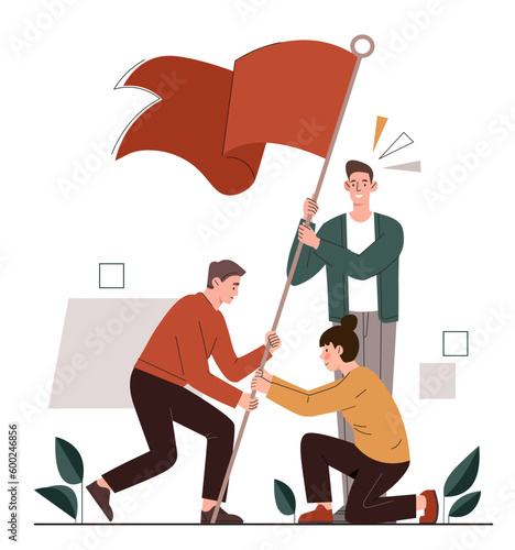 Concept of team goals. Men and women with red flag in their hands, achievement. Team work and partnership. Colleagues working on start up and common business project. Cartoon flat vector illustration