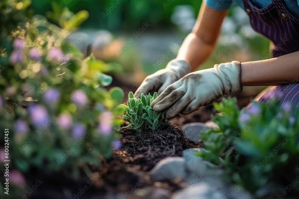 Photograph of a woman in garden gloves planting flowers to grow flowers in her garden with Generative AI Photograph of a woman in garden gloves planting flowers to grow flowers in her garden with Generative AI