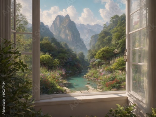 A picture of an oil painting looking outside into a fantasy landscape created with generative ai