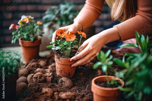 Photograph of a woman in garden gloves planting flowers to grow flowers in her garden with Generative AI