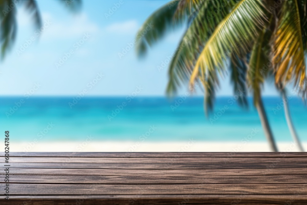 Tropical Summer Display: Blue Sea Beach and Coconut Background on Empty Wooden Tabletop. Generative AI