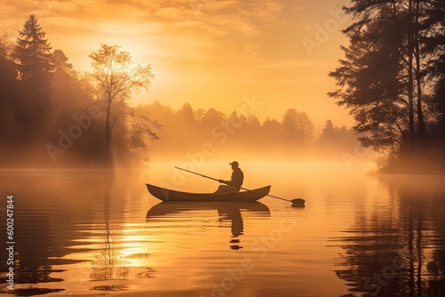 Tranquil Sunset Over Misty Lake: A Fisherman in a Canoe Enjoys a Peaceful View of Nature. Generative AI
