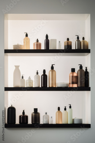 Aesthetic high-end still life photograph of shelves filled with unbranded minimal luxury beauty and skin care products