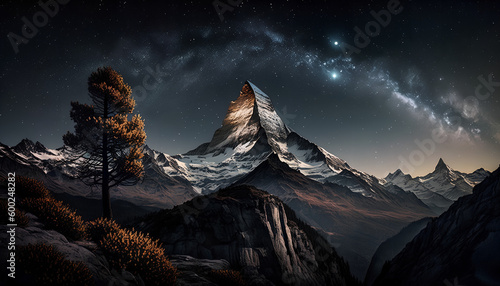 panoramic view to the majestic Matterhorn mountain at night. Valais