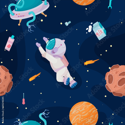 Cosmonaut in outer space. UFOs, spaceships, rockets. Solar system, intergalactic travel. Galaxies, planets, asteroids, comets, shooting stars. Vector illustration in cartoon style on  background.