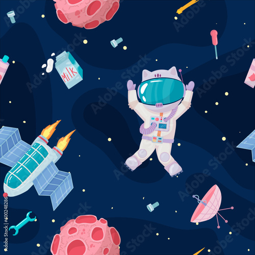 Cosmonaut in outer space. UFOs, spaceships, rockets. Solar system, intergalactic travel. Galaxies, planets, asteroids, comets, shooting stars. Vector illustration in cartoon style on  background.