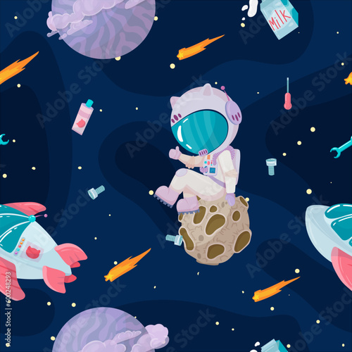 Cosmonaut in outer space. UFOs, spaceships, rockets. Solar system, intergalactic travel. Galaxies, planets, asteroids, comets, shooting stars. Vector illustration in cartoon style on  background.