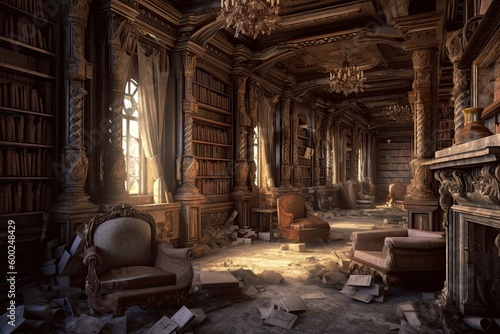 The Forgotten Magic of an Old Victorian Library: An Abandoned Bookshelves Bookscape of Interior Design and Fantasy, Generative AI photo