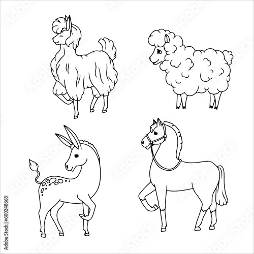 Donkey, Horse, Llama or Alpaca, Sheep. Set of animals. Farm animals. Cattle breeding Vector illustration isolated on white background.