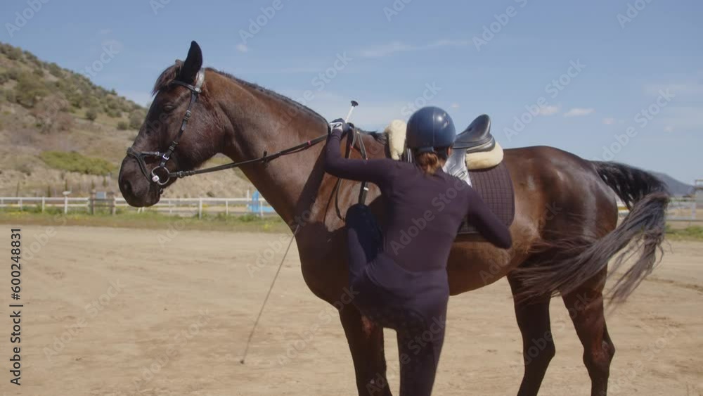 Horse rider mounting and petting happy horse in the countryside Horse rider mounting and petting happy horse in the countryside